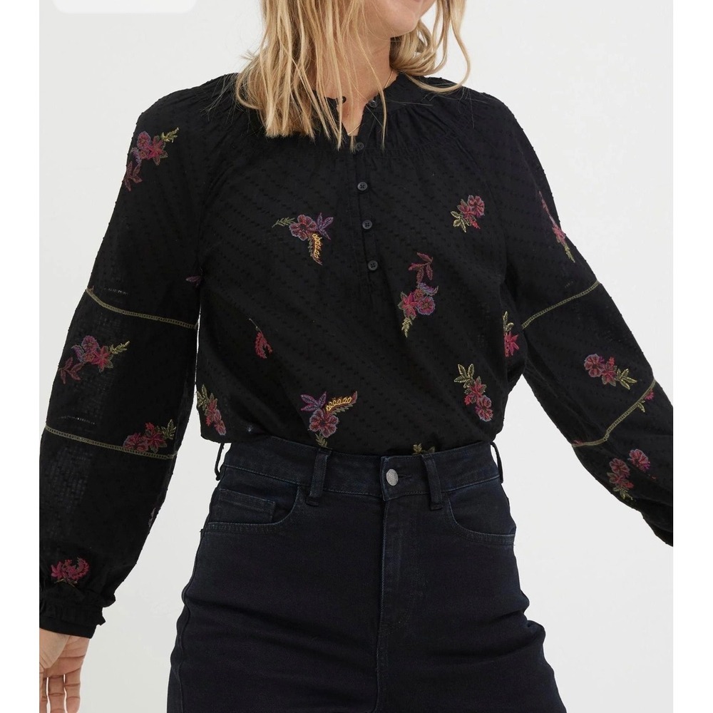 Fat Face Chessie Embroidered Blouse Black Floral Dobby Cotton Boho Top Size 6